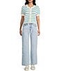 Double Zero Striped Short Sleeve Scalloped Button Front Sweater, Color:Blue - Image 3