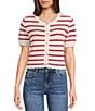 Double Zero Striped Short Sleeve Scalloped Button Front Cropped Sweater - Image 1