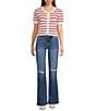 Double Zero Striped Short Sleeve Scalloped Button Front Cropped Sweater - Image 3