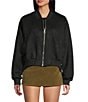 Double Zero Suede Collared Full Zip Bomber Jacket, Color:Black - Image 5