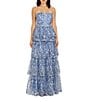 Dress the Population Aubriella Strapless Bustier Bodice Tiered Embroidered Floral Mesh Aline Gown, Color:Mineral Blue Multi - Image 1