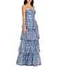 Dress the Population Aubriella Strapless Bustier Bodice Tiered Embroidered Floral Mesh Aline Gown, Color:Mineral Blue Multi - Image 3