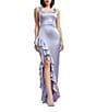 Dress the Population Charlene Square Neck Ruffle Front Satin Sheath Gown, Color:Dusty Lavender - Image 1