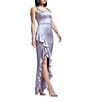 Dress the Population Charlene Square Neck Ruffle Front Satin Sheath Gown, Color:Dusty Lavender - Image 3