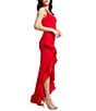 Dress the Population Charlene Square Neck Sleeveless Cascading Ruffle Side Slit Gown, Color:Rouge - Image 3