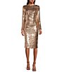 Color:Soft Gold - Image 1 - Emery Sequin Long Sleeve with Boat Neck Midi Sheath Dress
