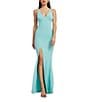 Dress the Population Iris Crepe Plunge V-Neck Thigh High Slit Sleeveless Gown, Color:Tranquil Blue - Image 1