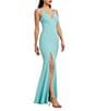 Dress the Population Iris Crepe Plunge V-Neck Thigh High Slit Sleeveless Gown, Color:Tranquil Blue - Image 3