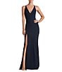 Dress the Population Iris Crepe Plunge V-Neck Thigh High Slit Sleeveless Gown, Color:Midnight Blue - Image 1