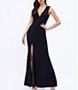 Color:Black - Image 1 - Sandra Crepe Plunge V-Neck Sleeveless Side Slit Gown