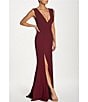 Color:Burgundy - Image 3 - Sandra Crepe Plunge V-Neck Sleeveless Side Slit Gown
