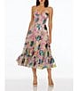 Color:Blush Multi - Image 2 - Sequin Floral Sweetheart Strapless Bustier Fit and Flare Midi Dress