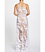 Color:White/Nude - Image 2 - Sidney 3D Floral Plunging V-Neck Sleeveless Maxi Dress