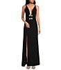 Color:Black - Image 1 - Stretch Plunge Neckline Sleeveless Bow Front Mermaid Gown