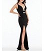 Color:Black - Image 5 - Stretch Plunge Neckline Sleeveless Bow Front Mermaid Gown