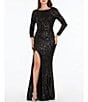Color:Jet Black - Image 1 - Stretch Sequin High Neck Low Cowl Back Long Sleeve Mermaid Gown