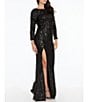 Color:Jet Black - Image 3 - Stretch Sequin High Neck Low Cowl Back Long Sleeve Mermaid Gown