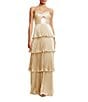 Dress the Population Zahrah Sweetheart Neck Cut Out Foiled Georgette Tiered Ruffle A-Line Gown, Color:Gold - Image 1