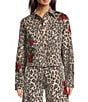 Driftwood Dani Coordinating Stretch Denim Leopard Print Point Collar Long Sleeve Floral Embroidered Jacket, Color:Leopard - Image 2