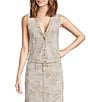Driftwood Coordinating Print Stretch Denim Floral Print V-Neck Button Front Vest, Color:Sandstone - Image 1