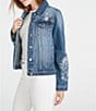 Color:Dark Wash - Image 3 - X Bluebell Fleur Embroidered Point Collar Long Sleeve Denim Statement Jacket