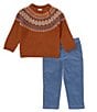 Color:Brown - Image 2 - Baby Boys 12-24 Months Long Sleeve Round Neck Sweater & Pull-On Pants Set