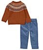 Color:Brown - Image 3 - Baby Boys 12-24 Months Long Sleeve Round Neck Sweater & Pull-On Pants Set