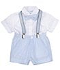Color:White - Image 1 - Baby Boys 3-24 Months Stripe Button-Front Shirt & Linen Suspender Shorts 2-Piece Set