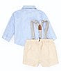 Color:Blue - Image 2 - Baby Boys 3-24 Months Stripe Button-Front Shirt & Linen Suspender Shorts 4-Piece Set
