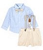 Color:Blue - Image 3 - Baby Boys 3-24 Months Stripe Button-Front Shirt & Linen Suspender Shorts 4-Piece Set
