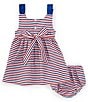 Color:Navy - Image 2 - Baby Girls 3-24 Months Family Matching Square Neck Tie Shoulders American Flag Smocked Dress