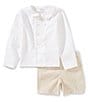 Edgehill Collection x Kristin Ellen Hockman Little Boys 2T-7 Gustav Peter Pan Collar Long Sleeve Linen Top & Gingham Shorts Set, Color:Tan - Image 1