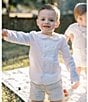 Edgehill Collection x Kristin Ellen Hockman Little Boys 2T-7 Gustav Peter Pan Collar Long Sleeve Linen Top & Gingham Shorts Set, Color:Tan - Image 2