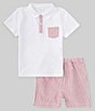 Color:Red - Image 2 - x The Broke Brooke Little Boys 2T-7 Beau Pique Knit Polo and Stripe Short Set