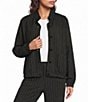 Eileen Fisher Cotton-Blend Stripe Stitch Stand Collar Long Sleeve Elastic Hem Button-Front Jacket - Image 1