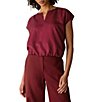 Eileen Fisher Drapey Shimmer Satin Split V-Neck Cap Sleeve Cinched Hem Top - Image 1