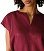 Eileen Fisher Drapey Shimmer Satin Split V-Neck Cap Sleeve Cinched Hem Top - Image 3