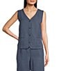 Eileen Fisher Organic Linen Silk Twill V-Neck Sleeveless Button Front Vest, Color:Eclipse - Image 1
