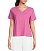 Color:Tulip - Image 1 - Organic Cotton Slubby Jersey Knit V-Neck Short Sleeve Tee Shirt