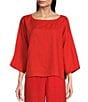 Color:Flame - Image 1 - Organic Linen Bateau Neck 3/4 Sleeve Coordinating Boxy Top