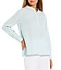 Color:Clearwater - Image 1 - Organic Linen Mandarin Collar Long Sleeve Button Front Henley Blouse