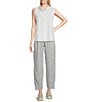 Color:White/Black - Image 3 - Petite Size Crinkled Striped Organic Linen Wide Tapered Leg Pull-On Ankle Pants