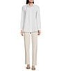 Color:White - Image 3 - Petite Size Organic Cotton Poplin Point Collar Long Sleeve High-Low Hem Button-Front Shirt