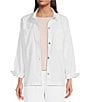 Color:White - Image 1 - Petite Size Textured Organic Cotton Point Collar Long Sleeve Button-Front Boxy Jacket