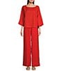 Color:Flame - Image 3 - Pleated Linen Wide-Leg Pull-On Pants