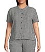 Eileen Fisher Plus Puckered Organic Linen Gingham Mandarin Collar Short Sleeve Coordinating Top, Color:Black White - Image 1
