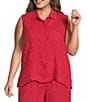 Eileen Fisher Plus Puckered Organic Linen Grid Point Collar Sleeveless Button Front Shirt - Image 1