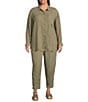 Eileen Fisher Plus Puckered Organic Linen Yarn-Dyed Stripe Elastic Waist Pull-On Pants, Color:Branch - Image 3