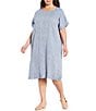 Color:Chambray - Image 1 - Plus Size Chambray Organic Linen Yarn Dyed Scoop Neck Short Sleeve Midi Shift Dress