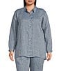 Color:Chambray - Image 1 - Plus Size Chambray Yarn Dyed Organic Linen Point Collar Long Sleeve Button-Front Shirt